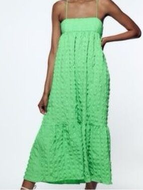 Zara Bright Green Crinkled Maxi Dress with Tie Straps NWOT